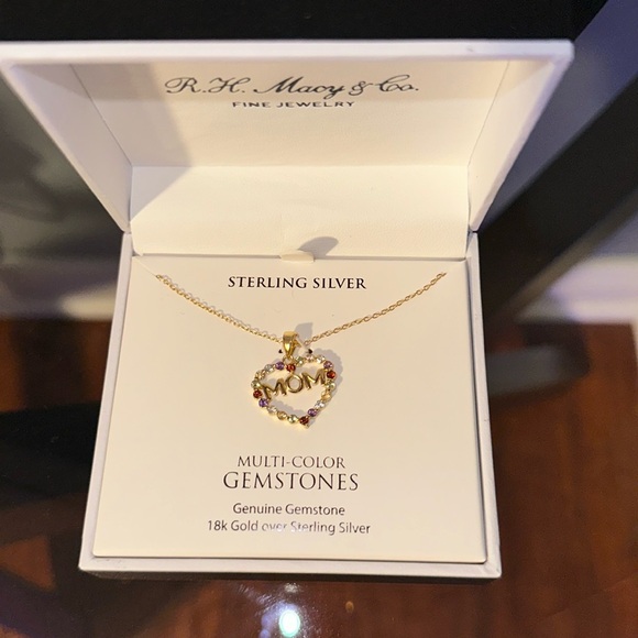 NWT Multi-Gemstone Mom Heart 18" Necklace 18k Gold-Plated Sterling Silver - Picture 2 of 5
